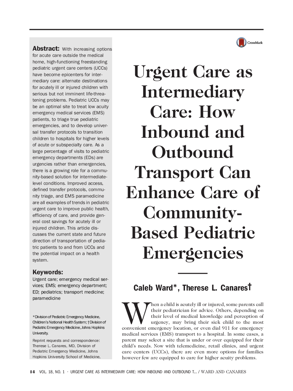 Urgent Care as Intermediary Care: How Inbound and Outbound Transport Can Enhance Care of Community-Based Pediatric Emergencies