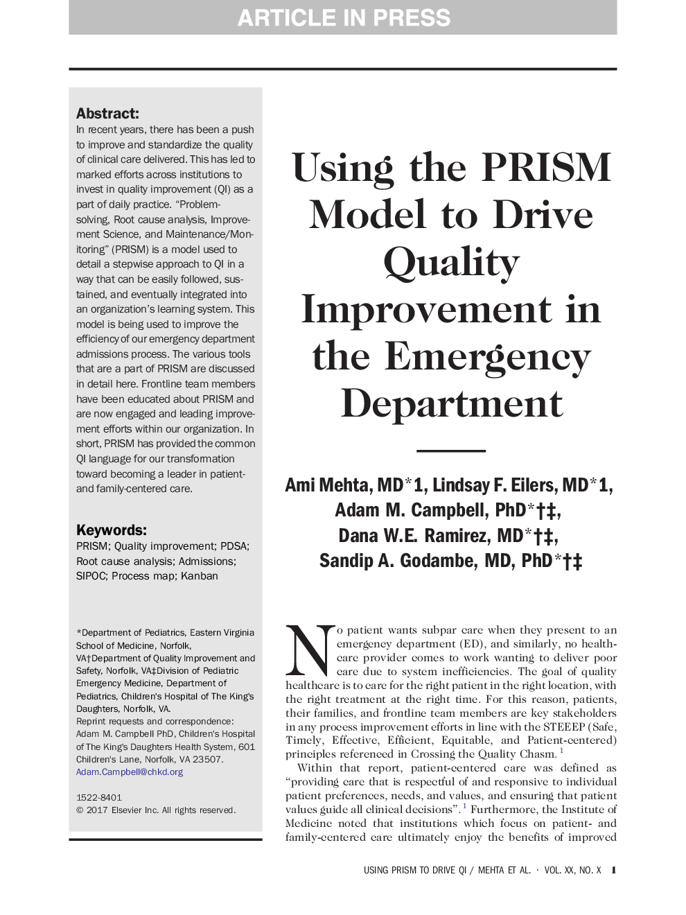 Using the PRISM Model to Drive Quality Improvement in the Emergency Department