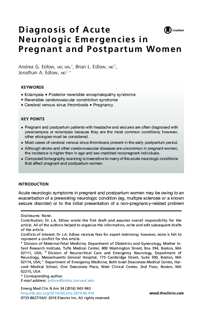 Diagnosis of Acute Neurologic Emergencies in Pregnant and Postpartum Women