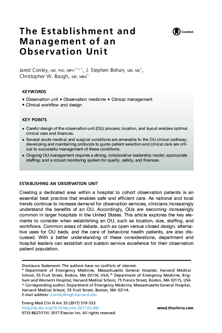 The Establishment and Management of an Observation Unit