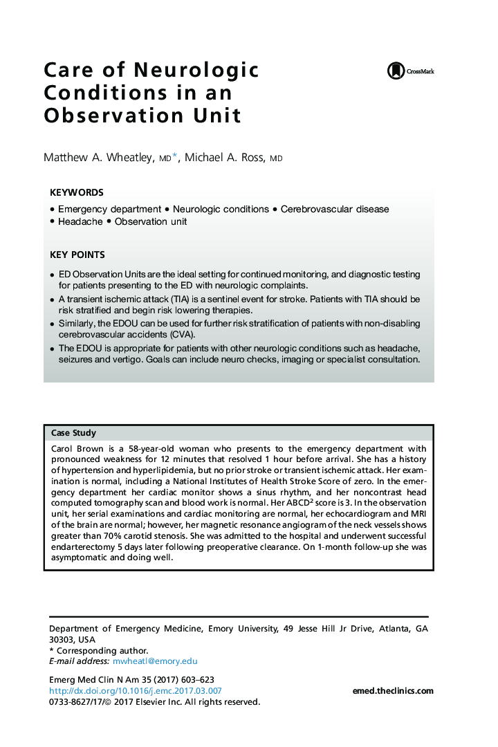 Care of Neurologic Conditions in an Observation Unit