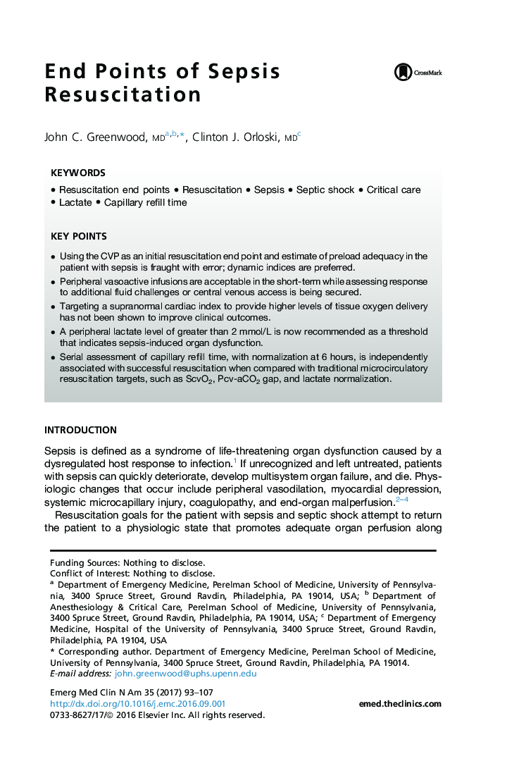 End Points of Sepsis Resuscitation