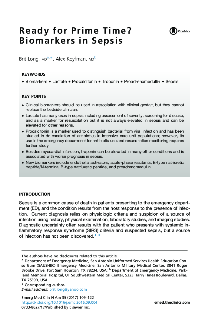 Ready for Prime Time? Biomarkers in Sepsis