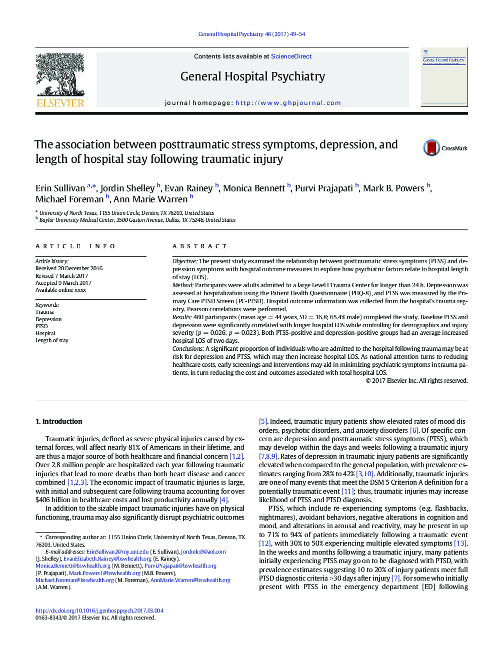The association between posttraumatic stress symptoms, depression, and length of hospital stay following traumatic injury