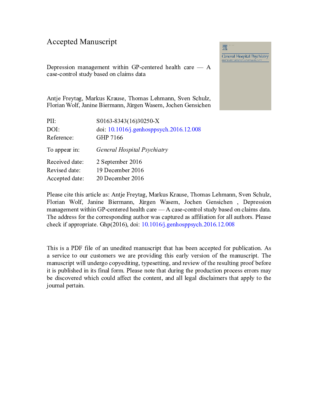 Depression management within GP-centered health care - A case-control study based on claims data