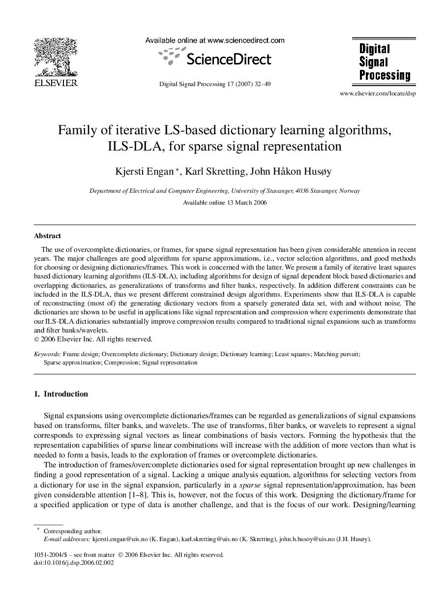 Family of iterative LS-based dictionary learning algorithms, ILS-DLA, for sparse signal representation