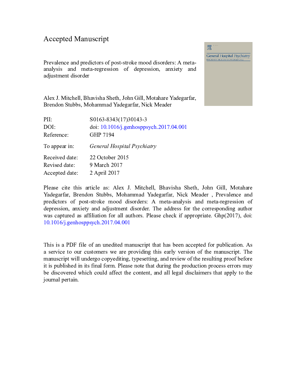 Prevalence and predictors of post-stroke mood disorders: A meta-analysis and meta-regression of depression, anxiety and adjustment disorder