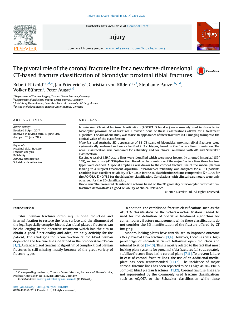 The pivotal role of the coronal fracture line for a new three-dimensional CT-based fracture classification of bicondylar proximal tibial fractures