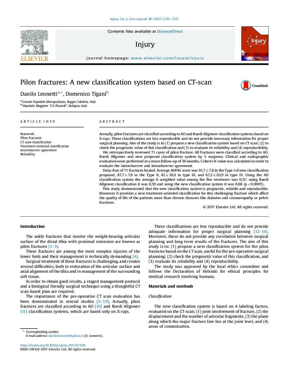 Pilon fractures: A new classification system based on CT-scan