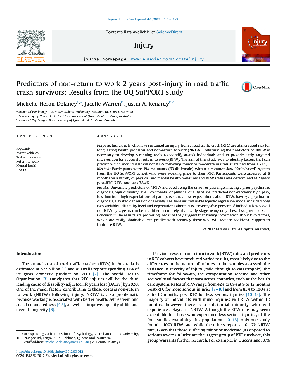 Predictors of non-return to work 2 years post-injury in road traffic crash survivors: Results from the UQ SuPPORT study