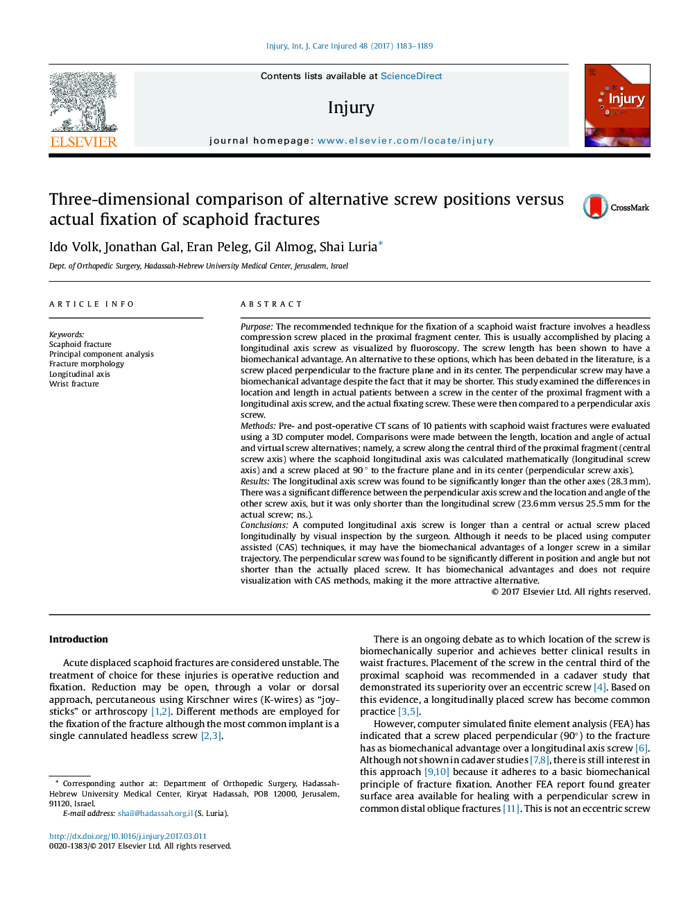 Three-dimensional comparison of alternative screw positions versus actual fixation of scaphoid fractures