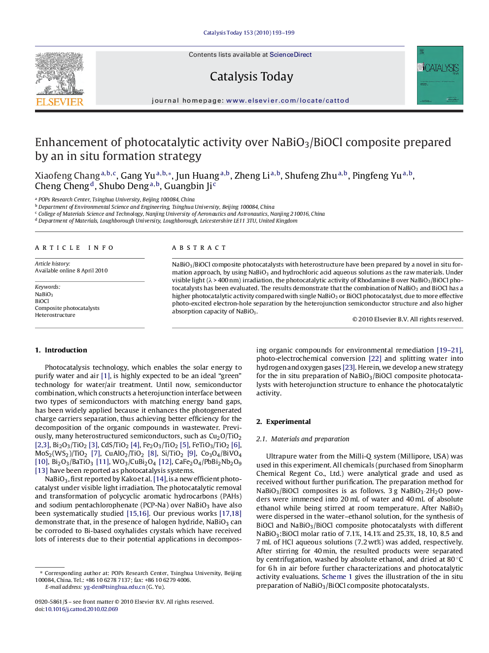 Enhancement of photocatalytic activity over NaBiO3/BiOCl composite prepared by an in situ formation strategy