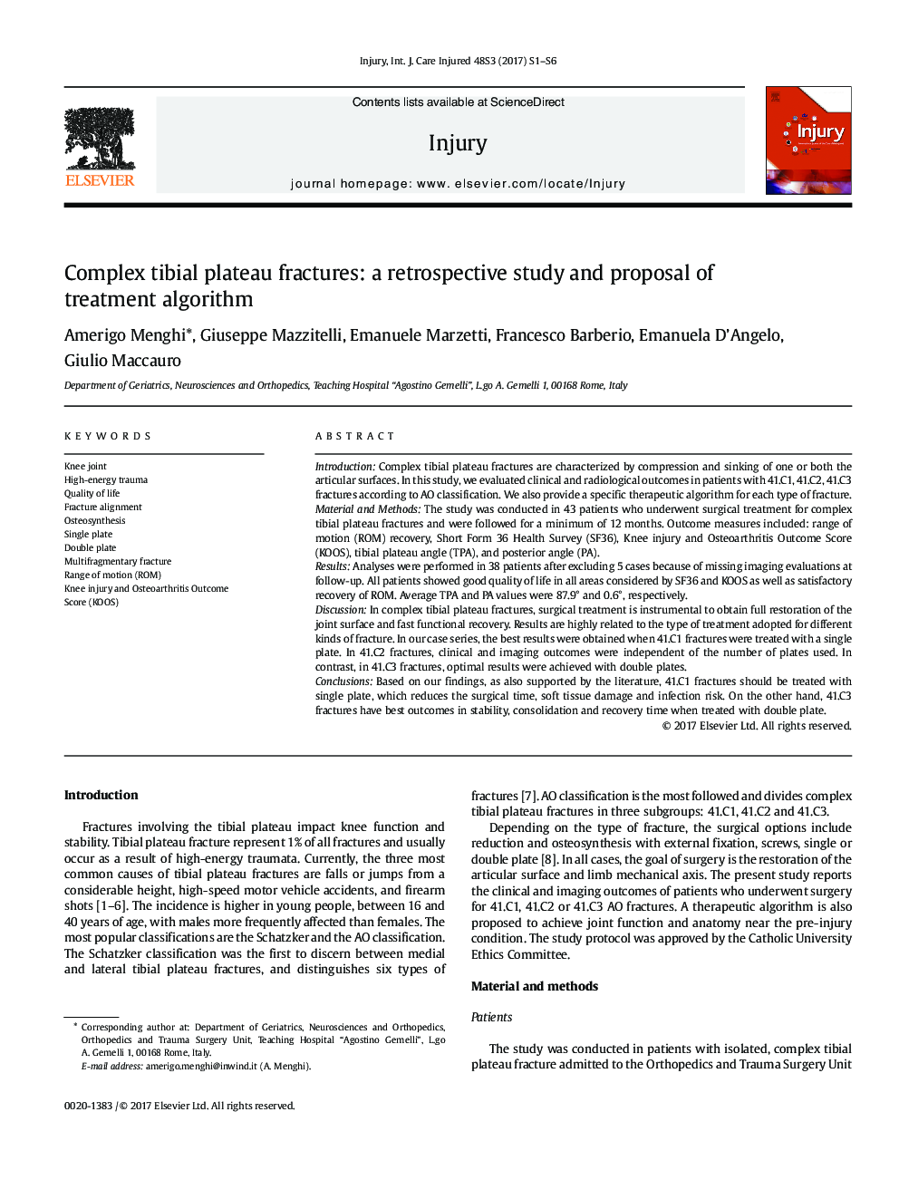 Complex tibial plateau fractures: a retrospective study and proposal of treatment algorithm