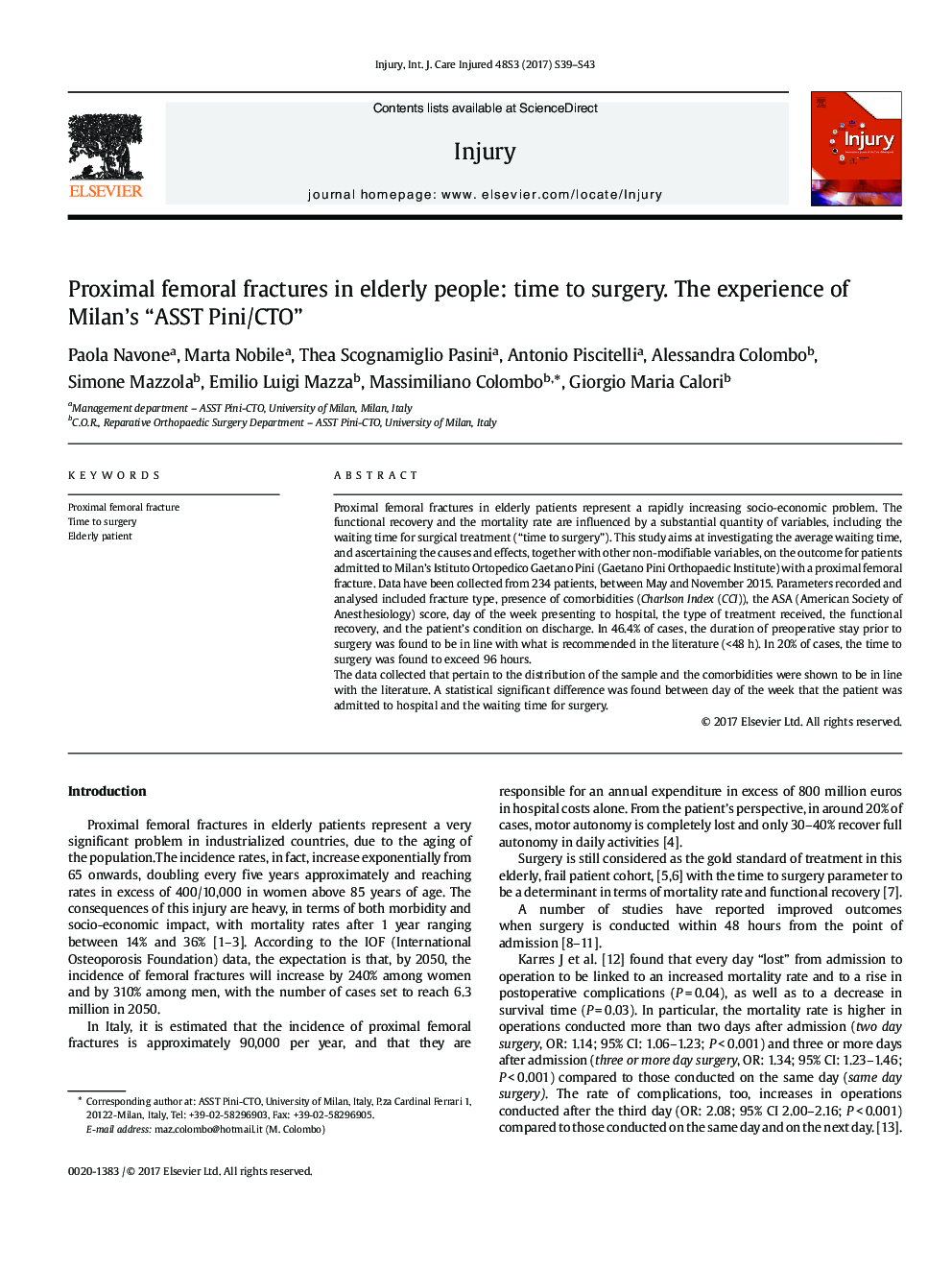 Proximal femoral fractures in elderly people: time to surgery. The experience of Milan's “ASST Pini/CTO”