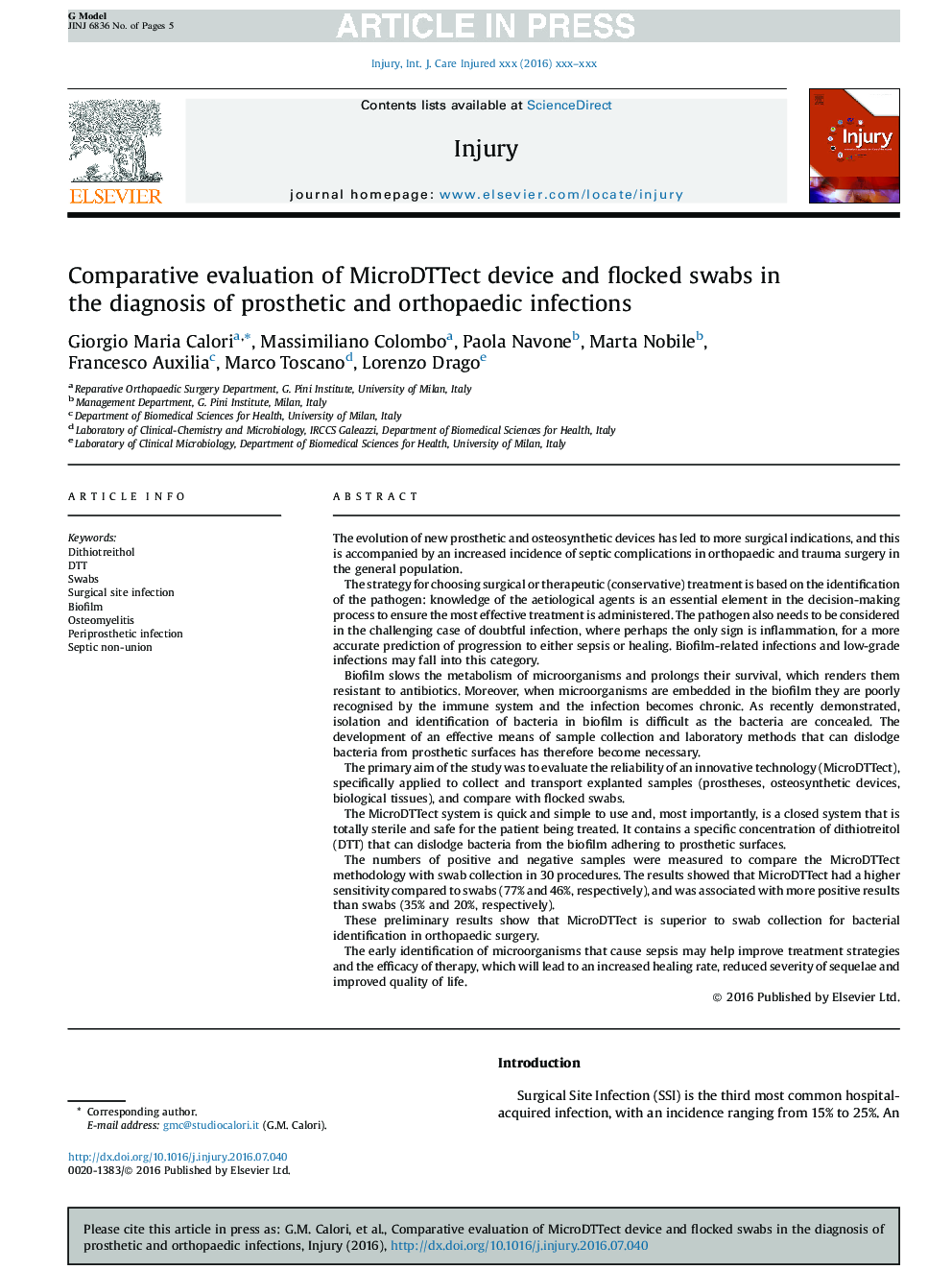 Comparative evaluation of MicroDTTect device and flocked swabs in the diagnosis of prosthetic and orthopaedic infections