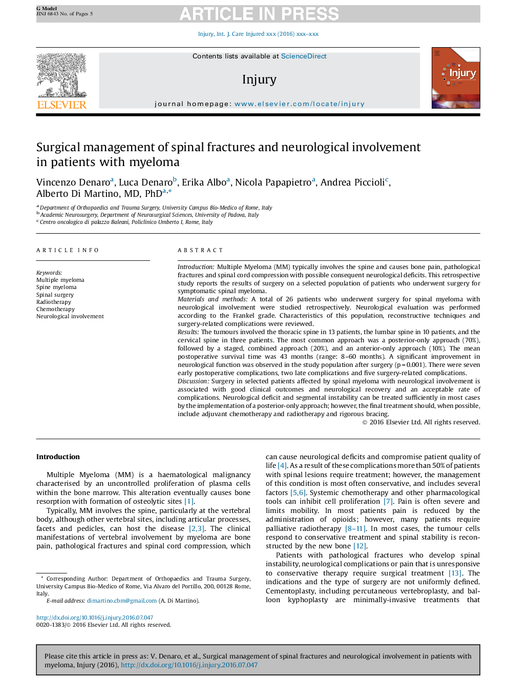 Surgical management of spinal fractures and neurological involvement in patients with myeloma