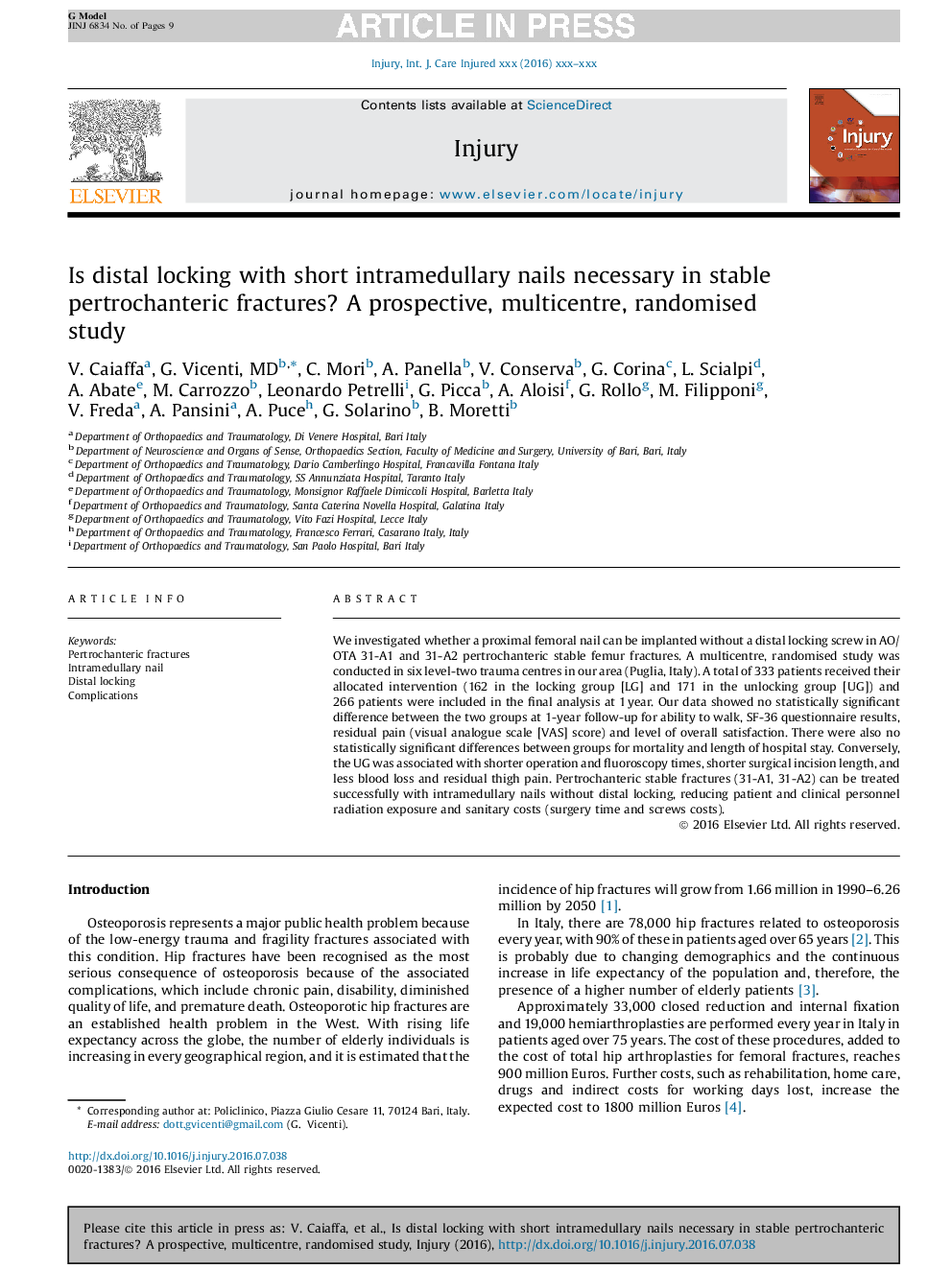 Is distal locking with short intramedullary nails necessary in stable pertrochanteric fractures? A prospective, multicentre, randomised study