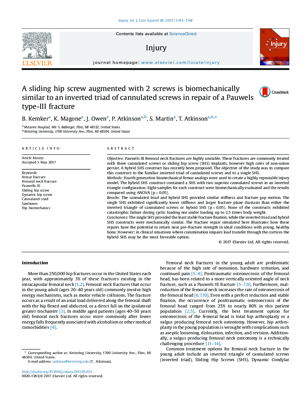 A sliding hip screw augmented with 2 screws is biomechanically similar to an inverted triad of cannulated screws in repair of a Pauwels type-III fracture