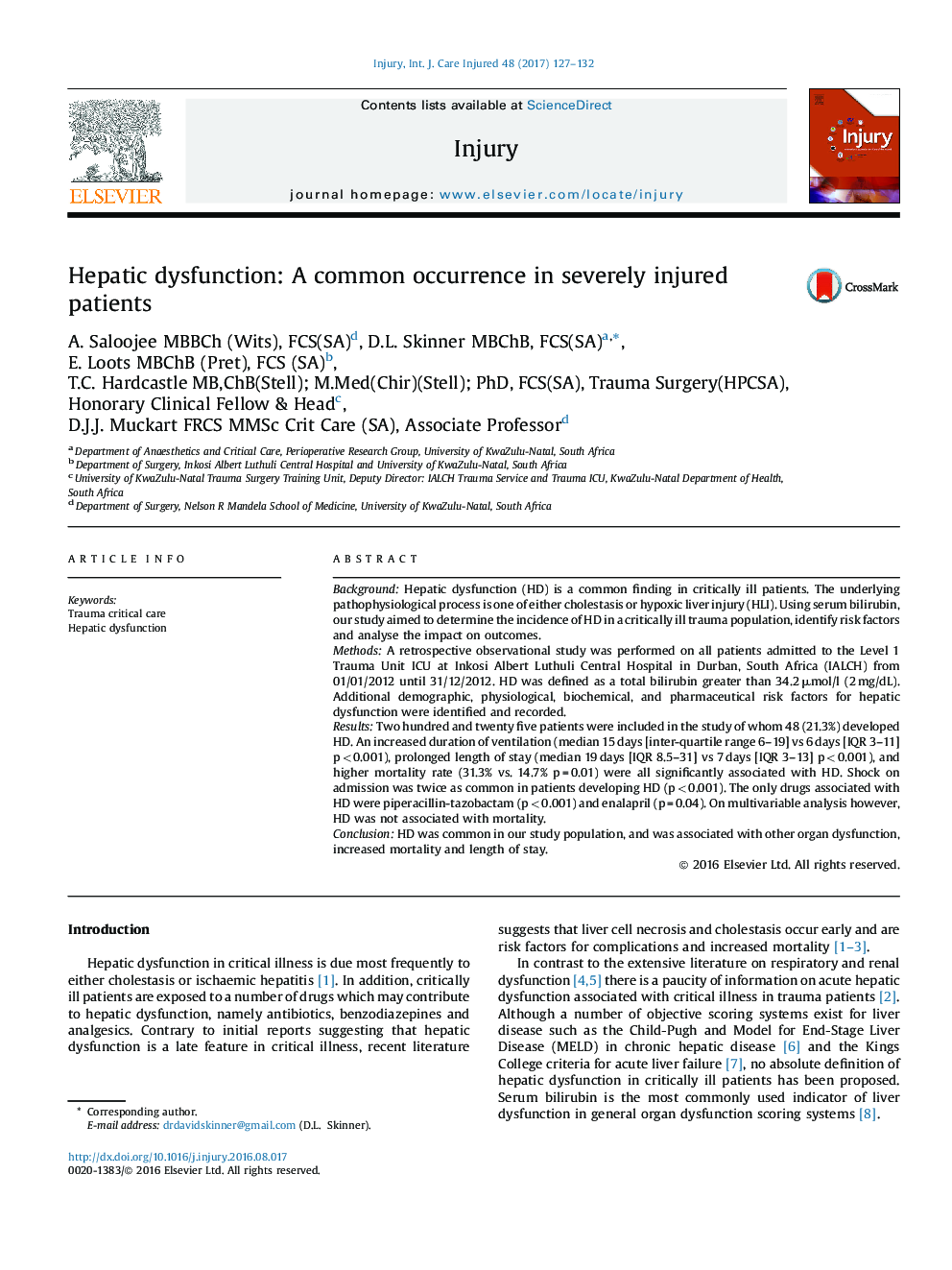 Hepatic dysfunction: A common occurrence in severely injured patients