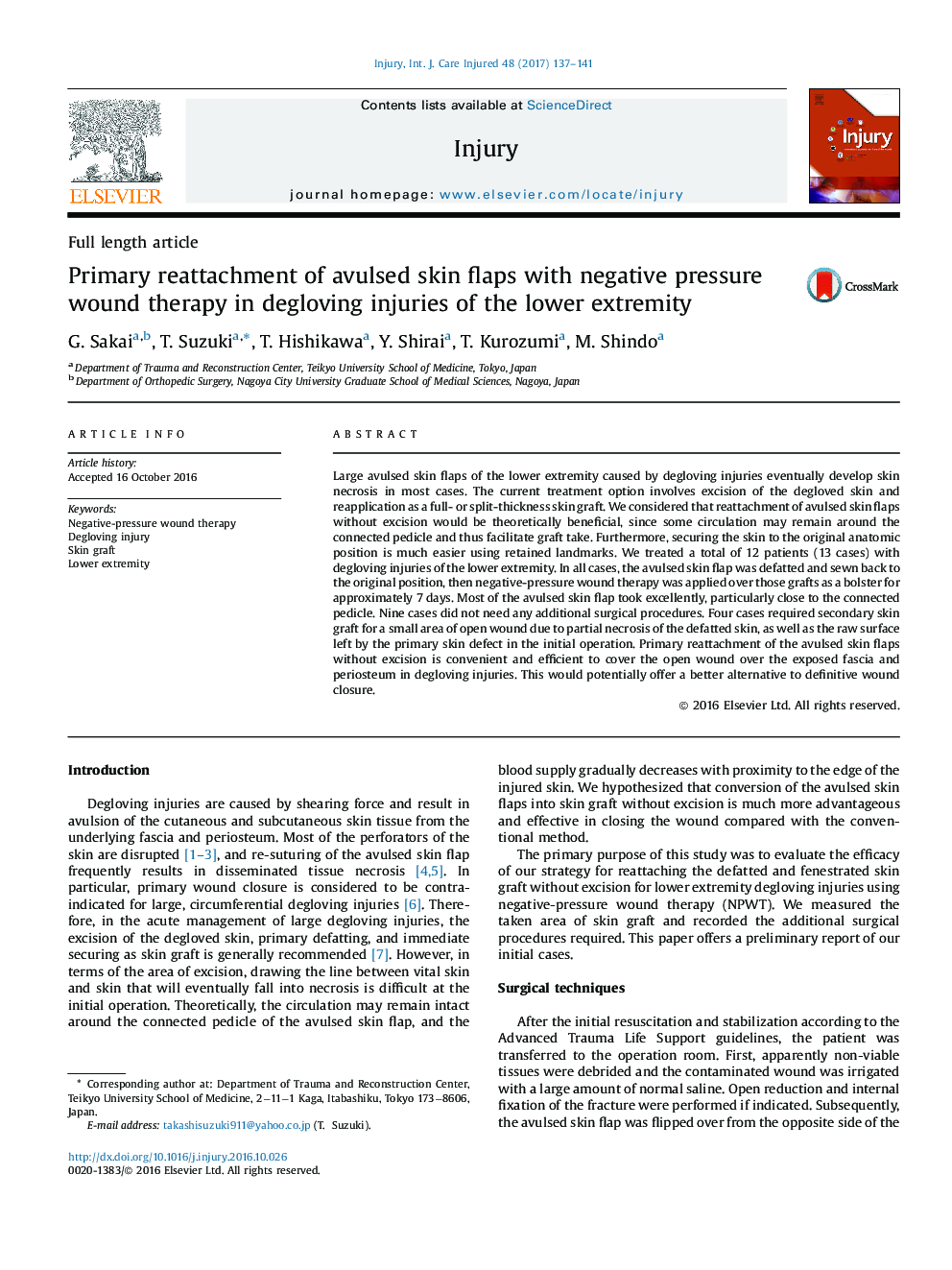 Primary reattachment of avulsed skin flaps with negative pressure wound therapy in degloving injuries of the lower extremity