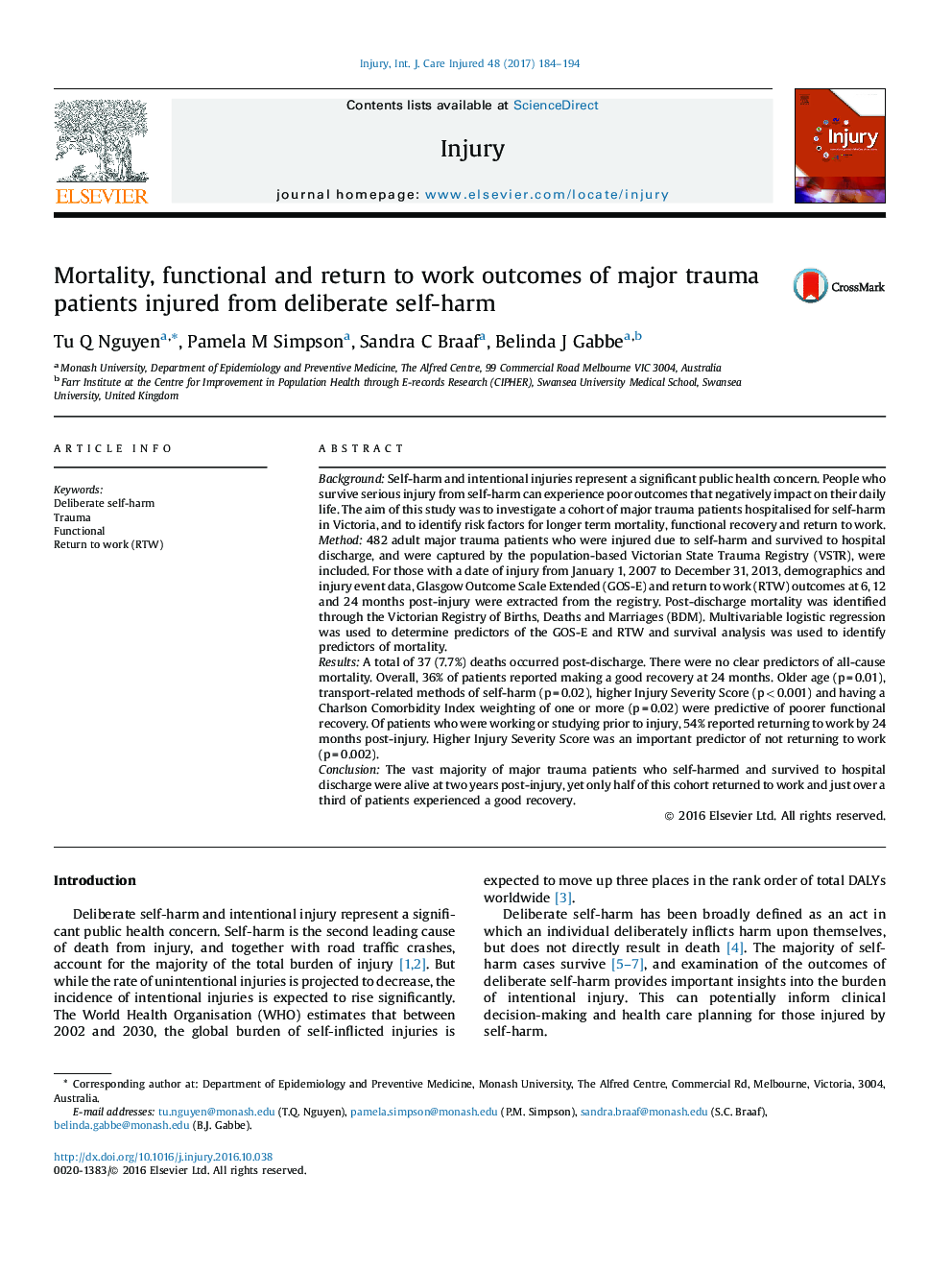 Mortality, functional and return to work outcomes of major trauma patients injured from deliberate self-harm