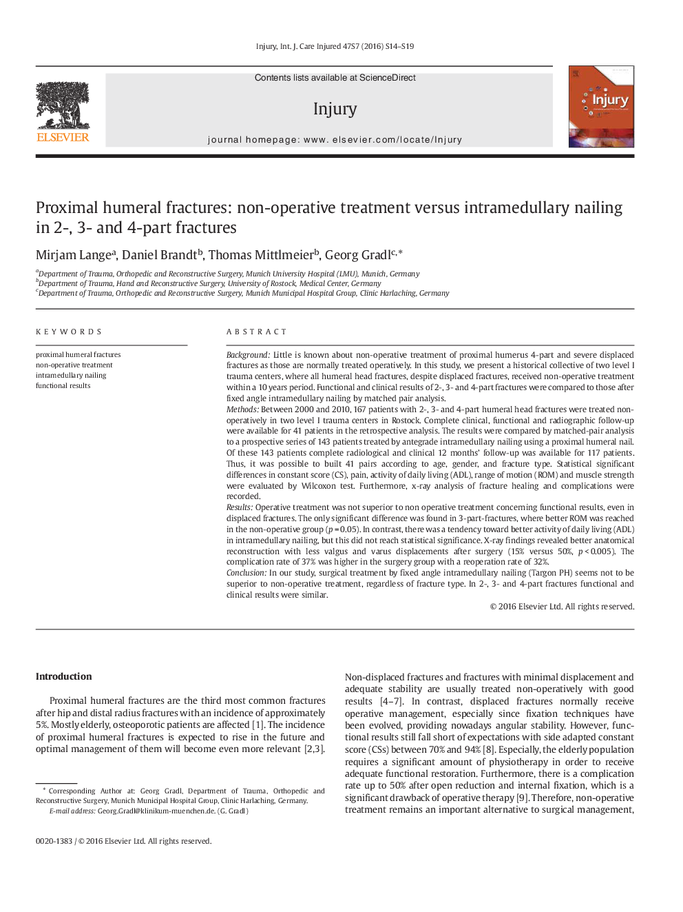 Proximal humeral fractures: non-operative treatment versus intramedullary nailing in 2-, 3- and 4-part fractures