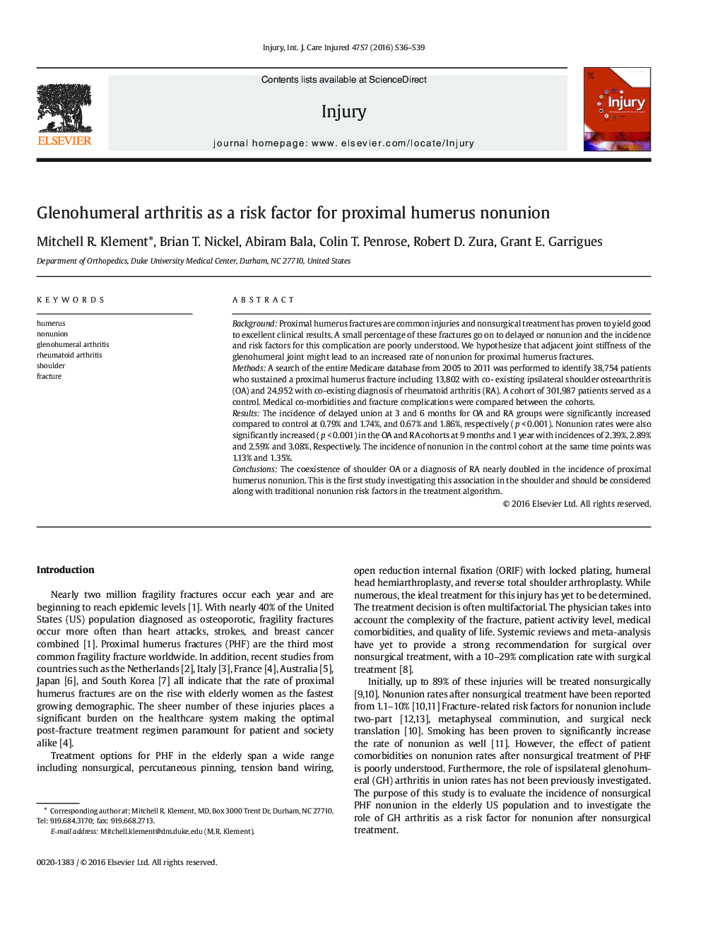 Glenohumeral arthritis as a risk factor for proximal humerus nonunion