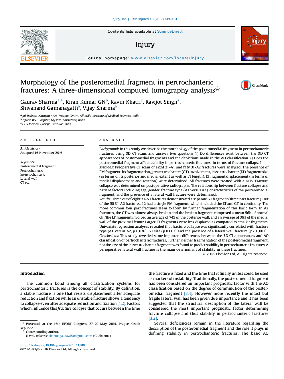 Morphology of the posteromedial fragment in pertrochanteric fractures: A three-dimensional computed tomography analysis