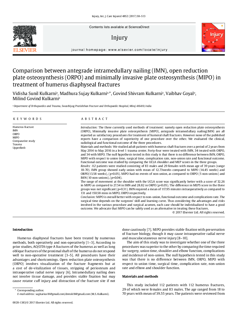 Comparison between antegrade intramedullary nailing (IMN), open reduction plate osteosynthesis (ORPO) and minimally invasive plate osteosynthesis (MIPO) in treatment of humerus diaphyseal fractures