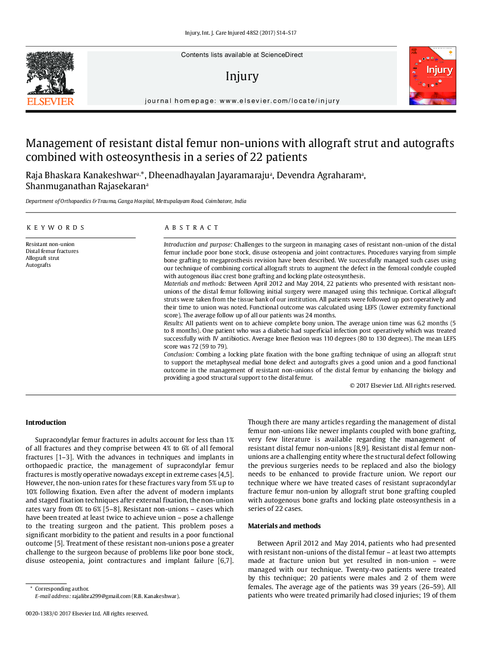 Management of resistant distal femur non-unions with allograft strut and autografts combined with osteosynthesis in a series of 22 patients