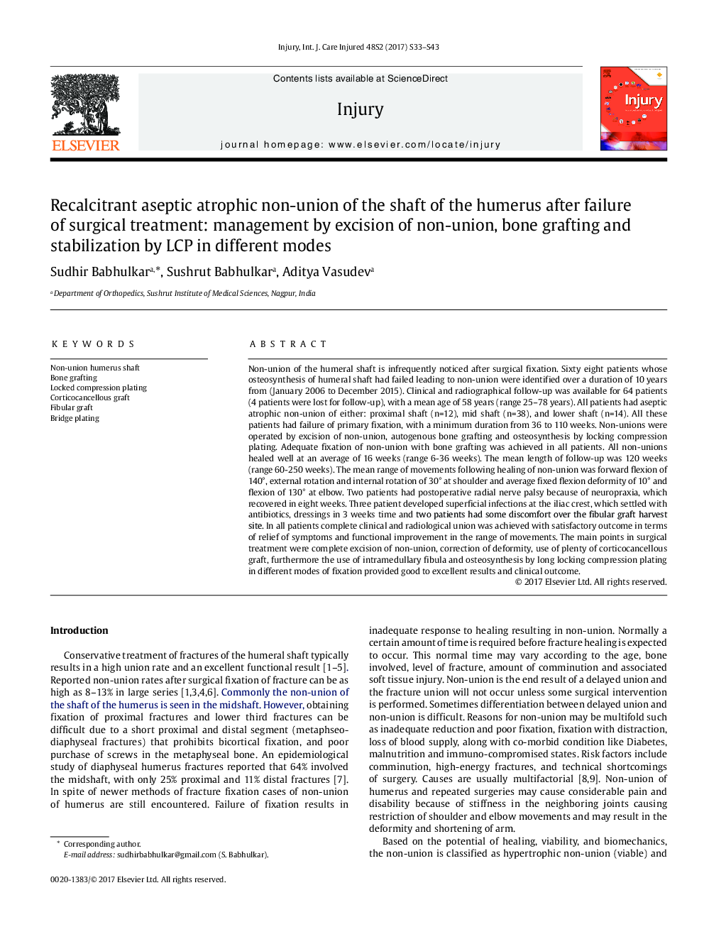 Recalcitrant aseptic atrophic non-union of the shaft of the humerus after failure of surgical treatment: management by excision of non-union, bone grafting and stabilization by LCP in different modes