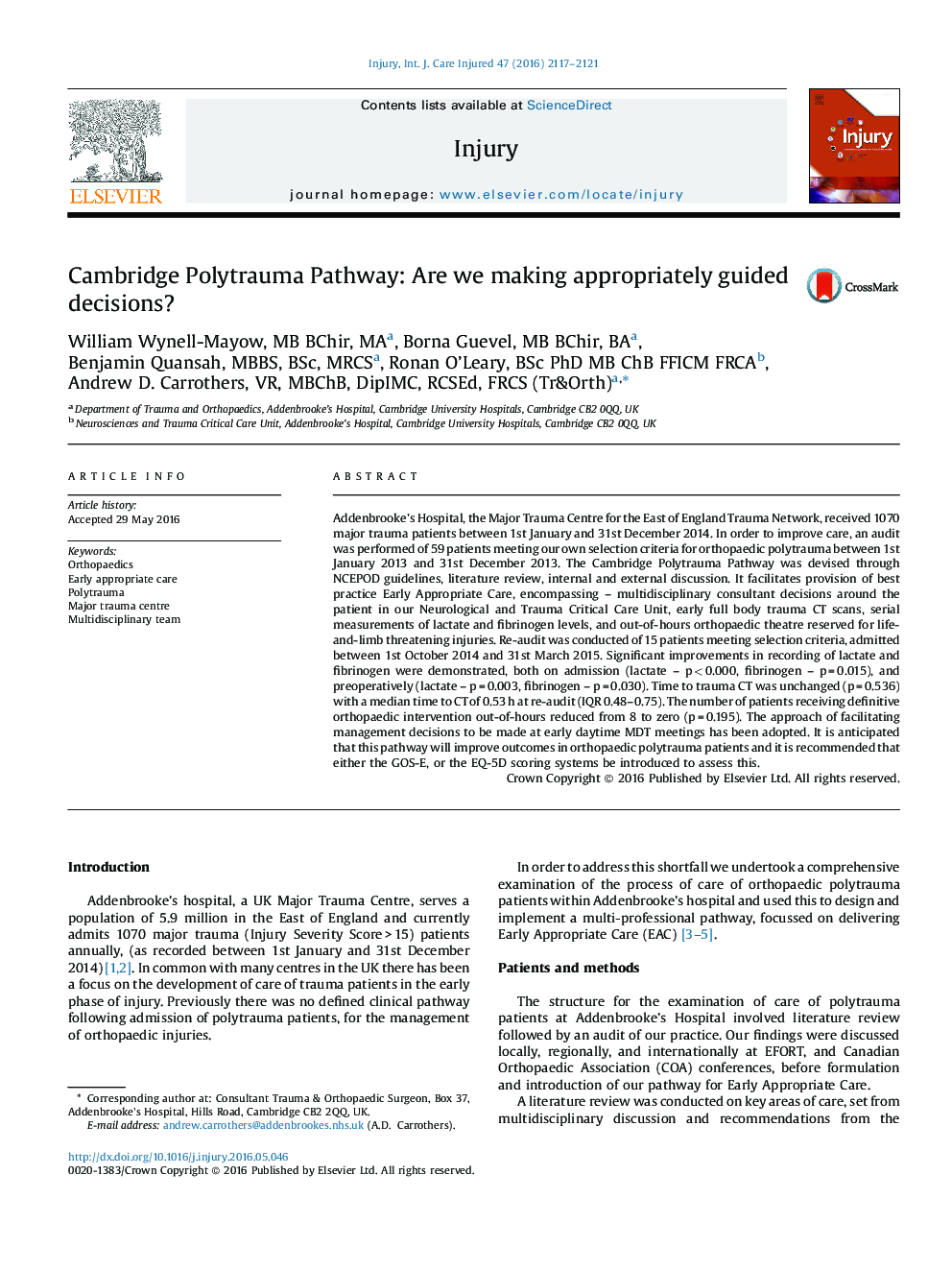 Cambridge Polytrauma Pathway: Are we making appropriately guided decisions?