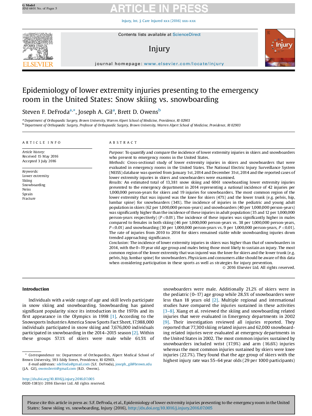 Epidemiology of lower extremity injuries presenting to the emergency room in the United States: Snow skiing vs. snowboarding