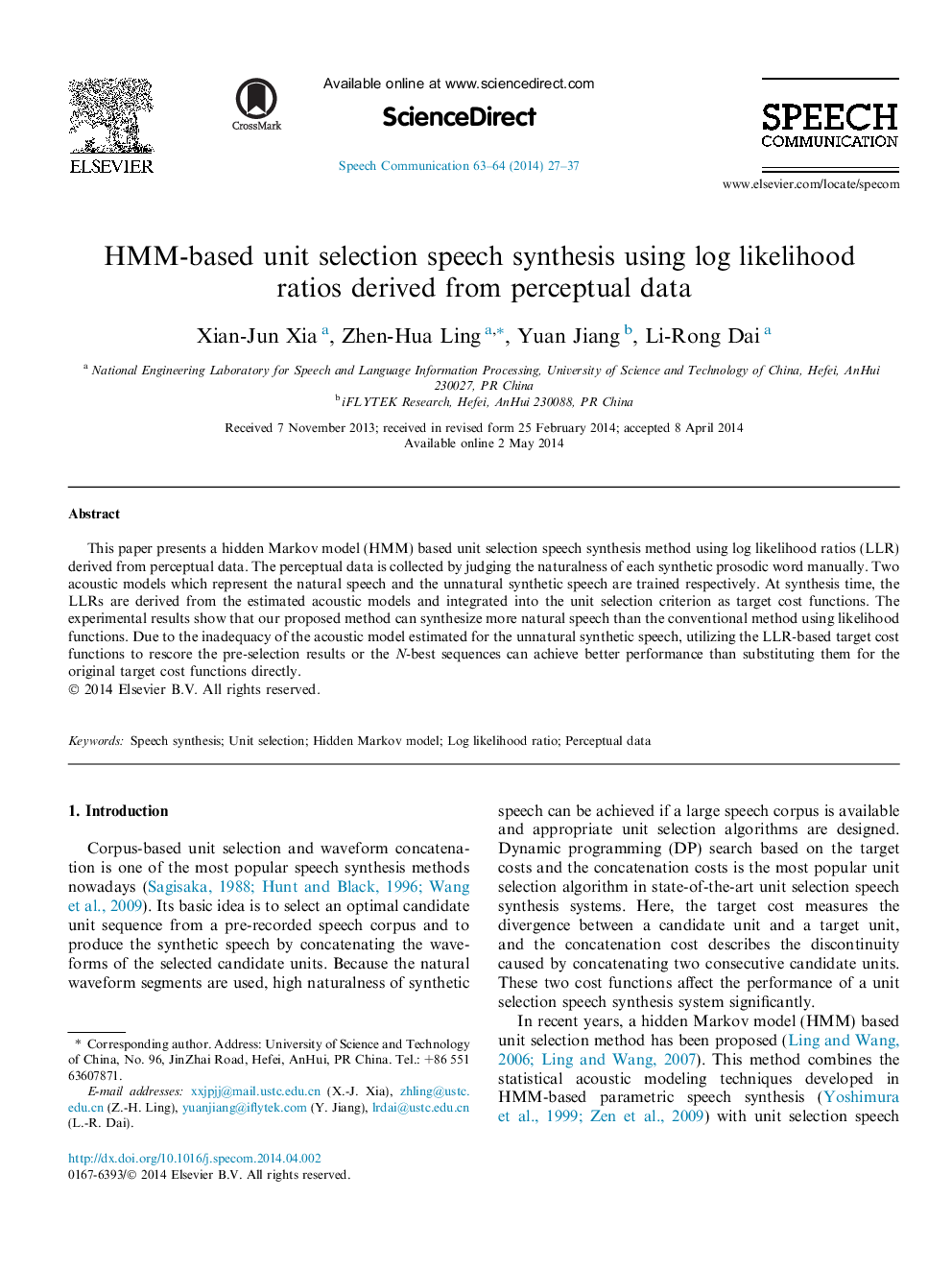 HMM-based unit selection speech synthesis using log likelihood ratios derived from perceptual data