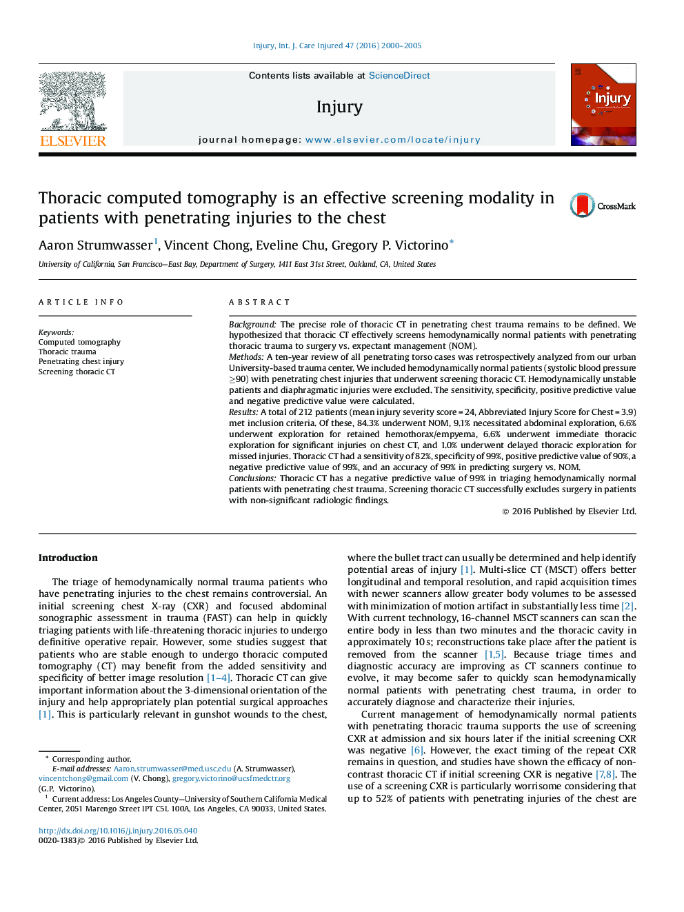 Thoracic computed tomography is an effective screening modality in patients with penetrating injuries to the chest