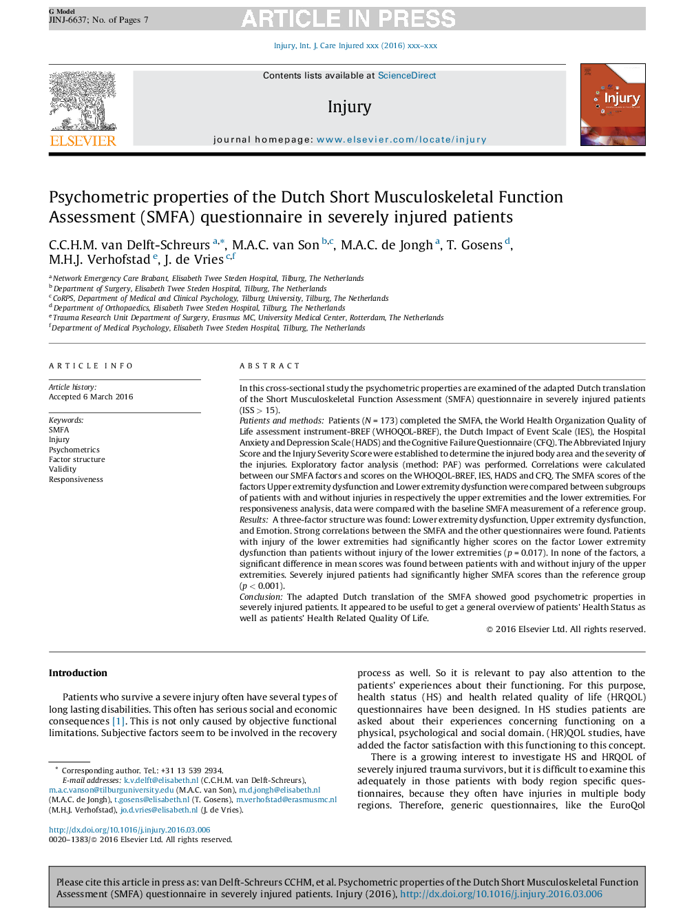 Psychometric properties of the Dutch Short Musculoskeletal Function Assessment (SMFA) questionnaire in severely injured patients