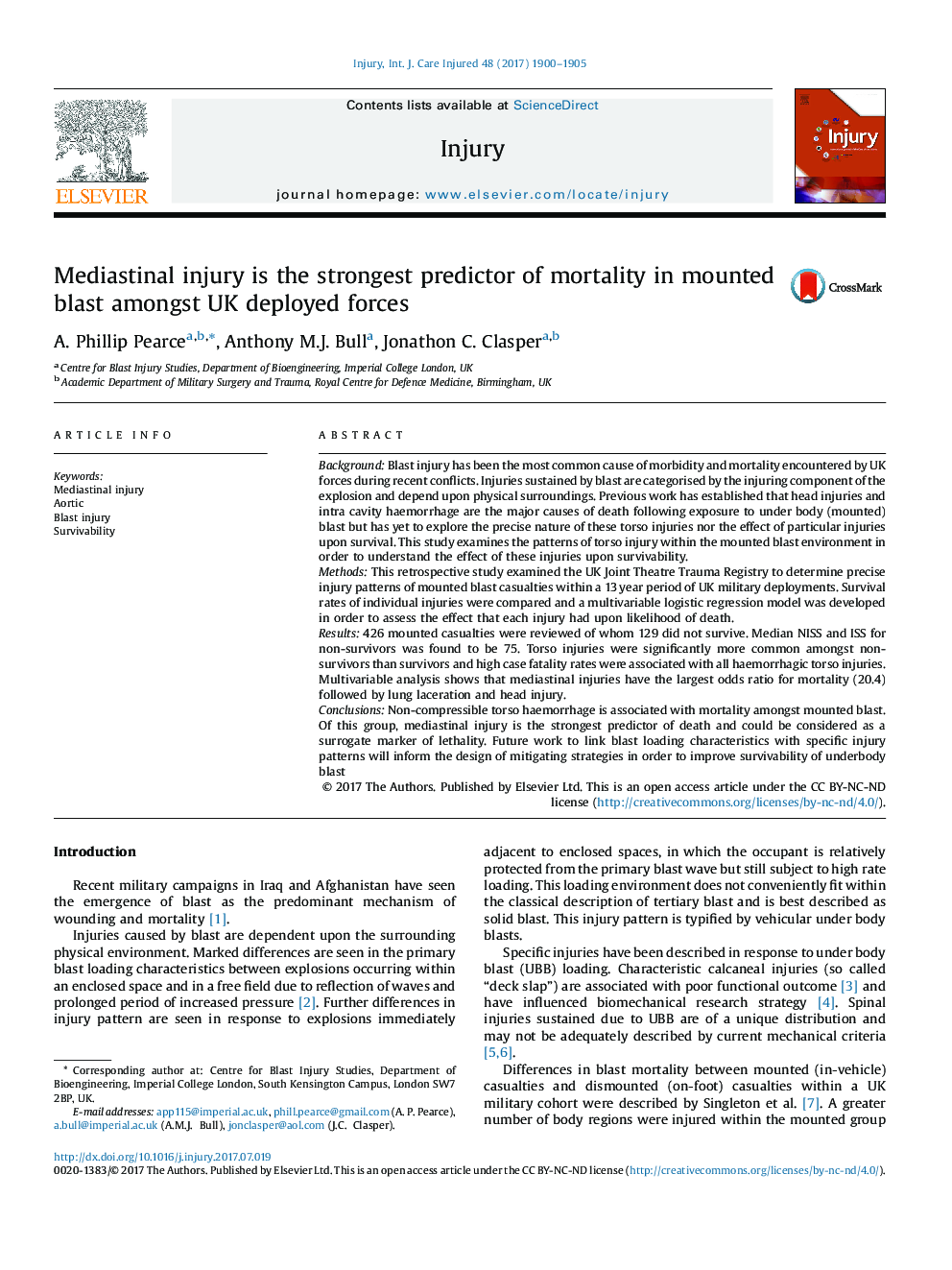 Mediastinal injury is the strongest predictor of mortality in mounted blast amongst UK deployed forces