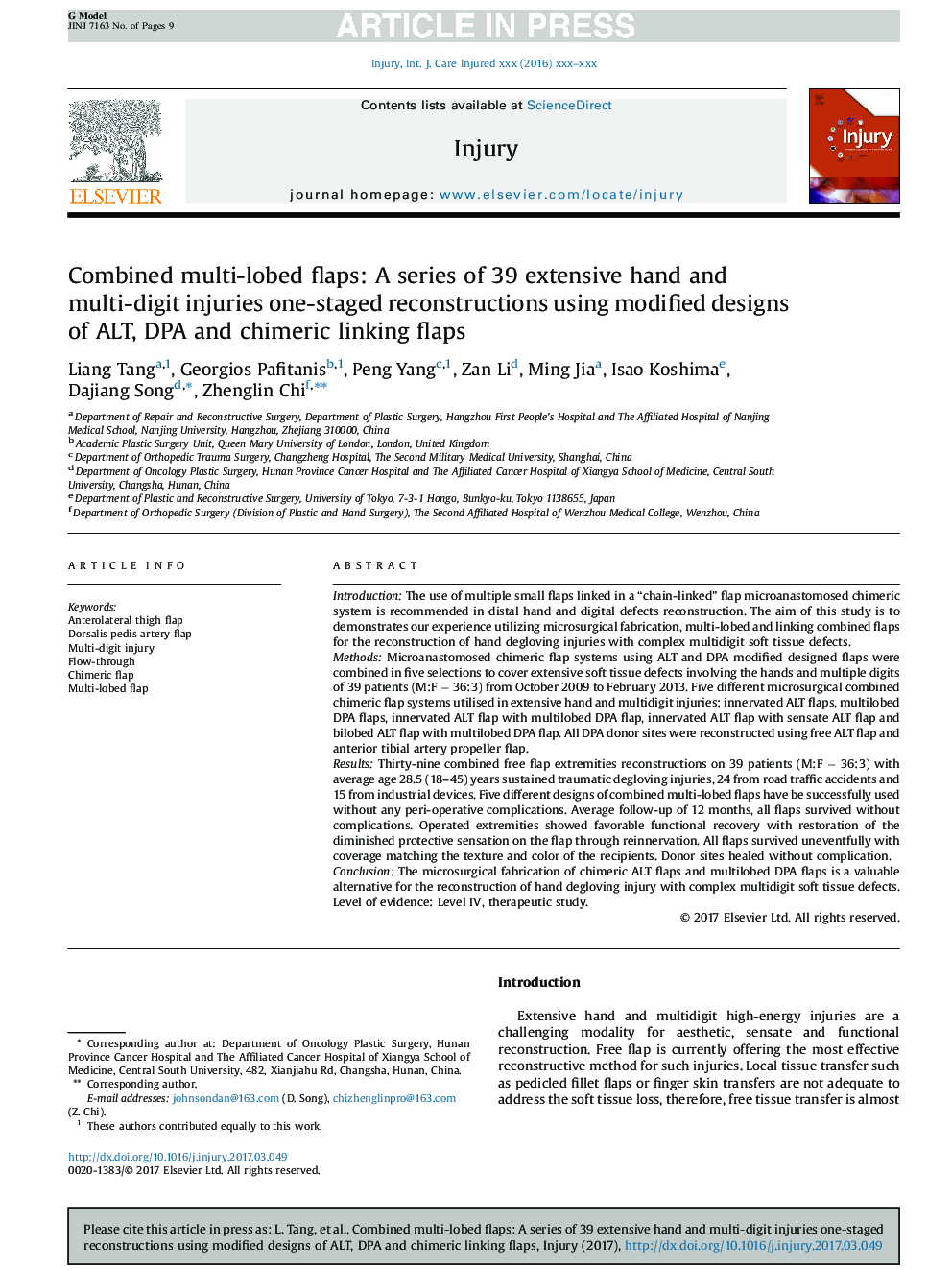 Combined multi-lobed flaps: A series of 39 extensive hand and multi-digit injuries one-staged reconstructions using modified designs of ALT, DPA and chimeric linking flaps