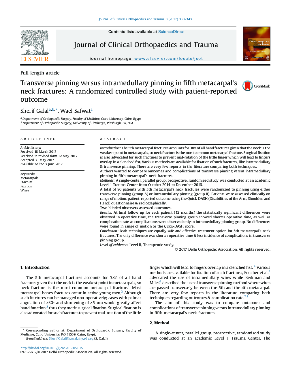 Transverse pinning versus intramedullary pinning in fifth metacarpal's neck fractures: A randomized controlled study with patient-reported outcome