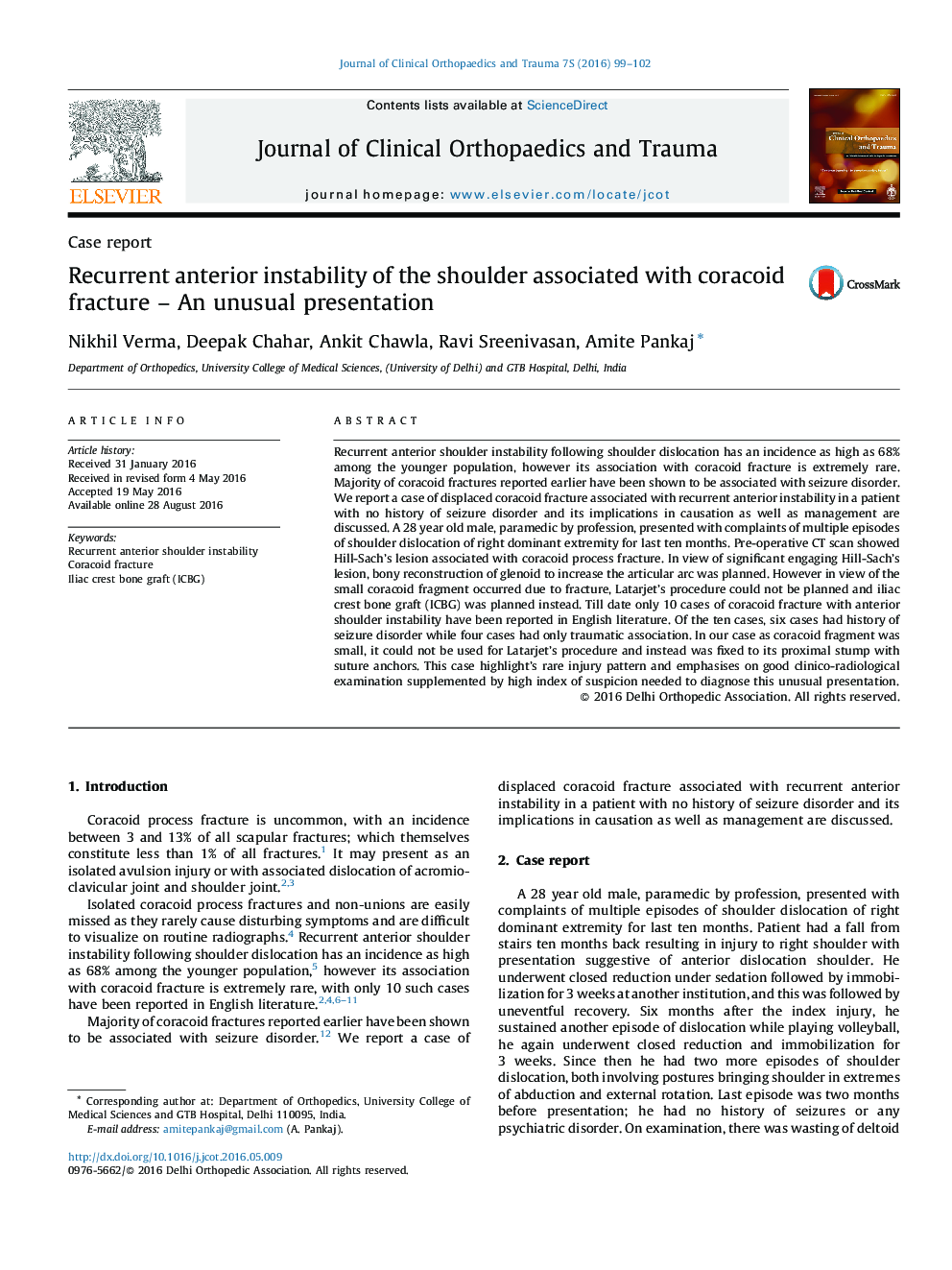 Recurrent anterior instability of the shoulder associated with coracoid fracture - An unusual presentation