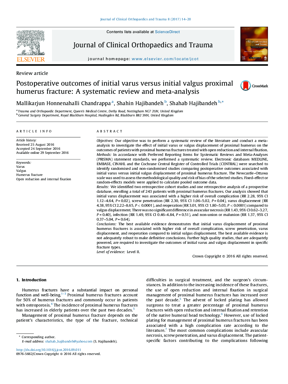 Postoperative outcomes of initial varus versus initial valgus proximal humerus fracture: A systematic review and meta-analysis