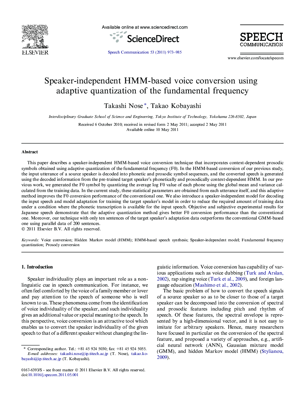 Speaker-independent HMM-based voice conversion using adaptive quantization of the fundamental frequency