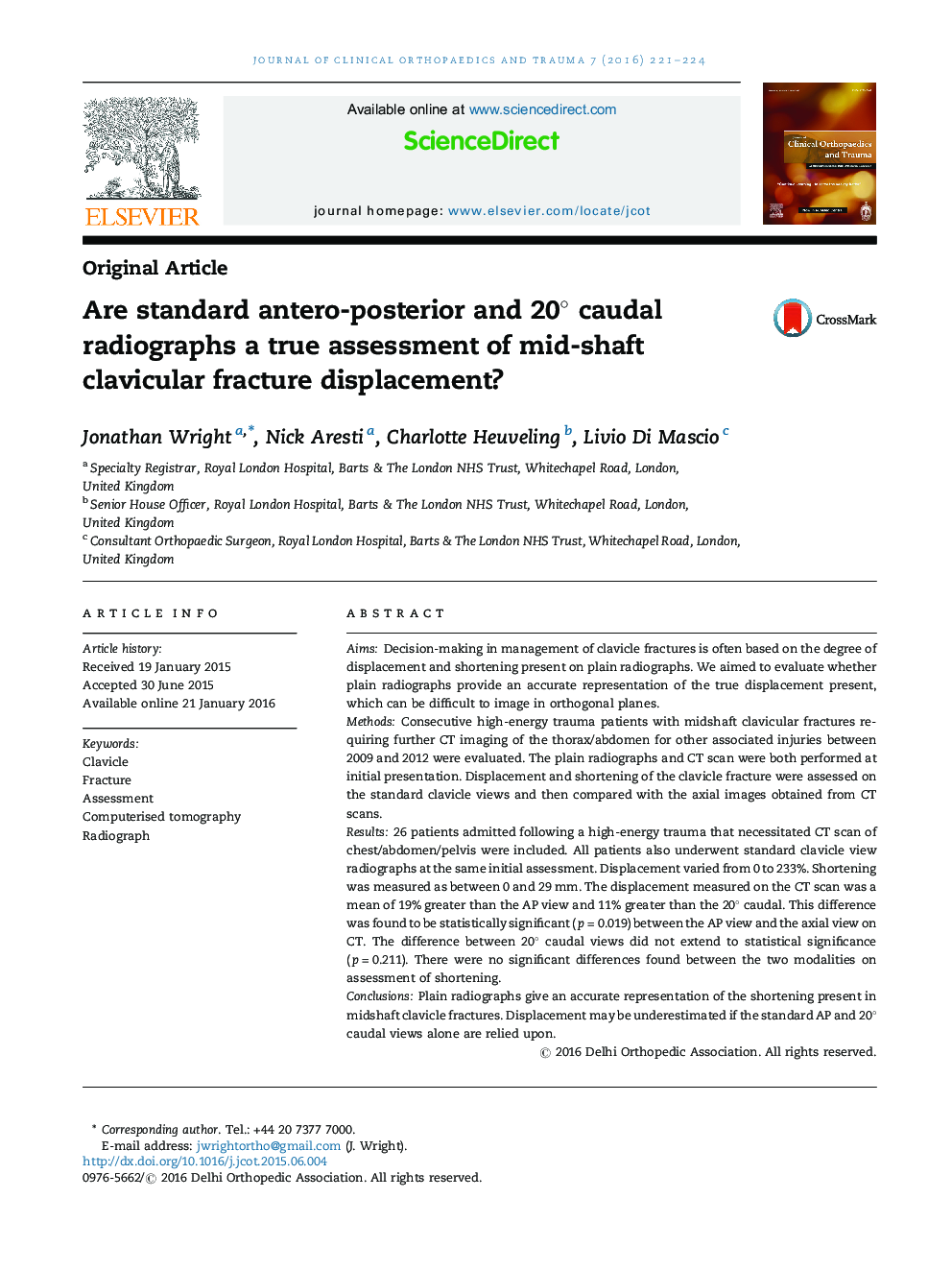 Are standard antero-posterior and 20Â° caudal radiographs a true assessment of mid-shaft clavicular fracture displacement?