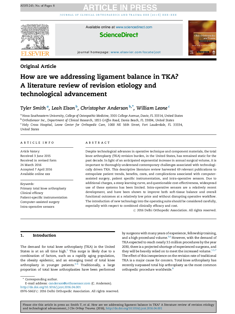 How are we addressing ligament balance in TKA? A literature review of revision etiology and technological advancement