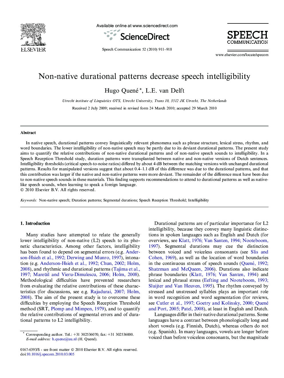 Non-native durational patterns decrease speech intelligibility