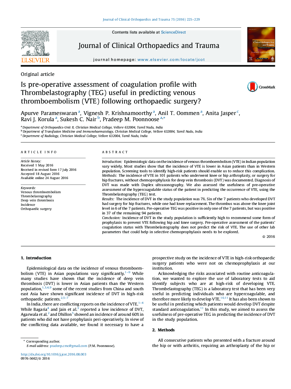 Is pre-operative assessment of coagulation profile with Thrombelastography (TEG) useful in predicting venous thromboembolism (VTE) following orthopaedic surgery?