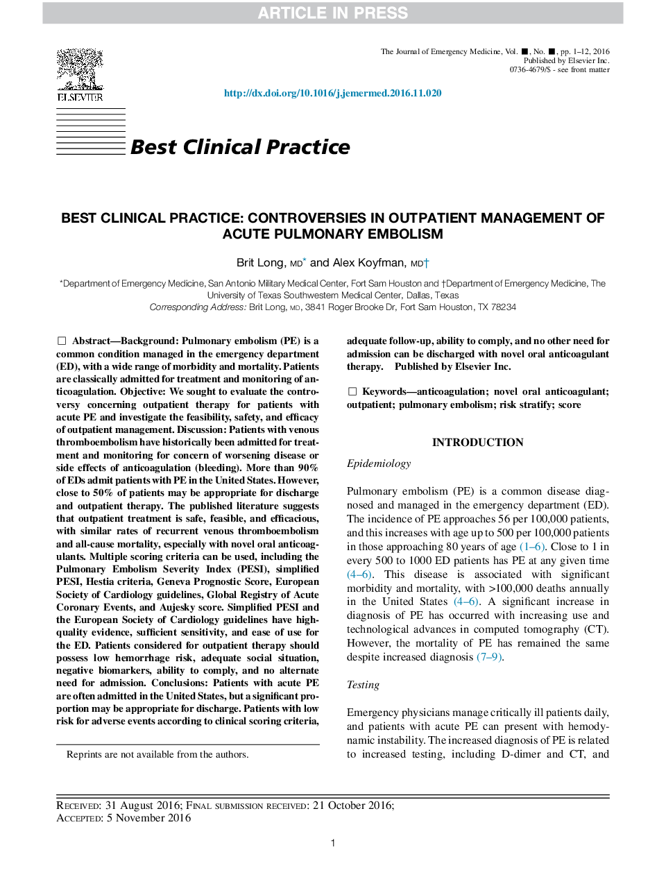 Best Clinical Practice: Controversies in Outpatient Management of Acute Pulmonary Embolism