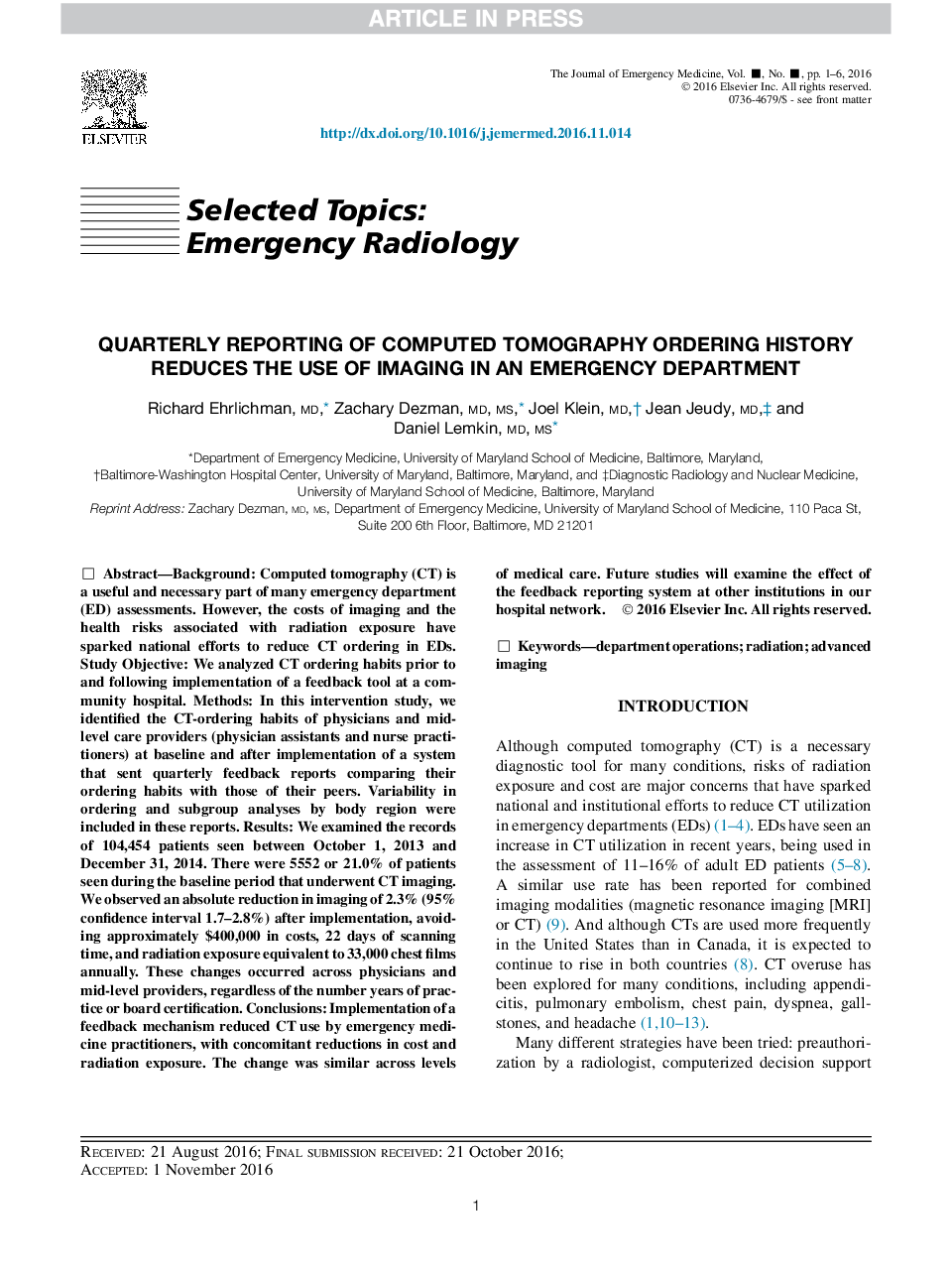 Quarterly Reporting of Computed Tomography Ordering History Reduces the Use of Imaging in an Emergency Department