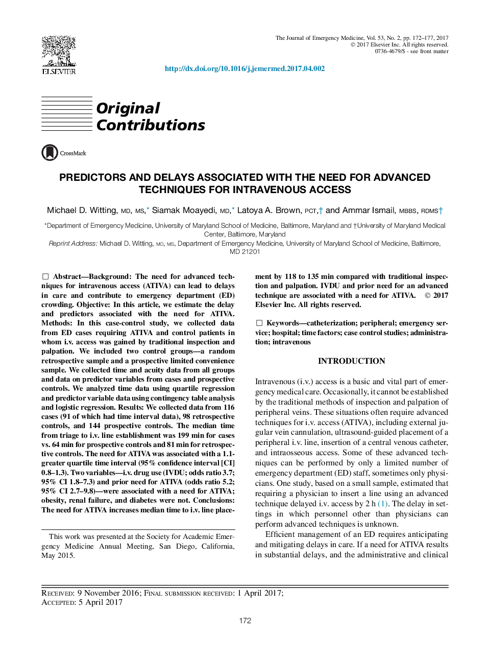 Predictors and Delays Associated with the Need for Advanced Techniques for Intravenous Access