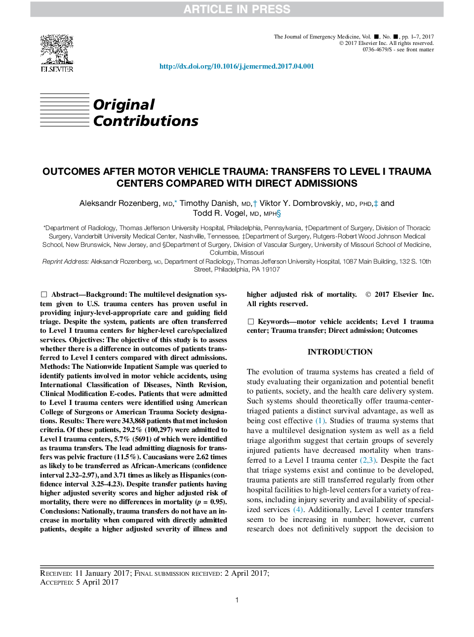 Outcomes after Motor Vehicle Trauma: Transfers to Level I Trauma Centers Compared with Direct Admissions